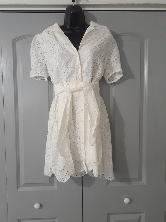 Main Strip Dresses & Skirts - Main Strip White Eyelet Shirt Mini Dress with Tie Waist